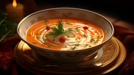 Creamy pumpkin soup garnished with sour cream and dillの素材