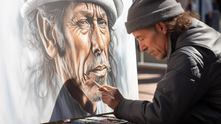 Street artist painting in Paris, Franceの素材