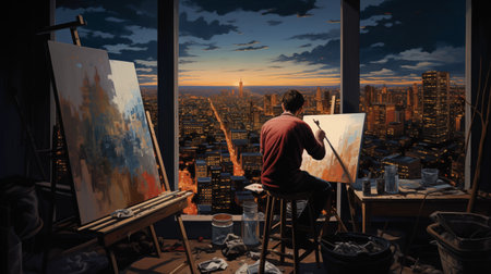 Artist painting a picture on a canvas in an art studio with a cityscape in the backgroundの素材