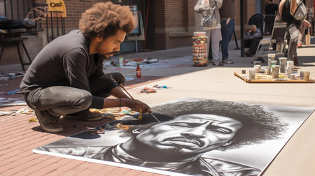 Street artist painting a portrait of George Washington in Brooklyn, New York.の素材