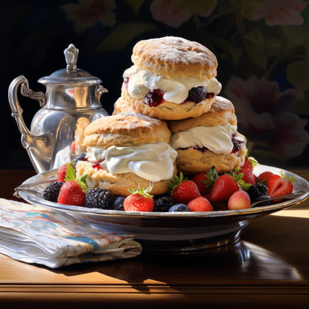 Set of scones with fresh berries and whipped cream. Selective focus.の素材