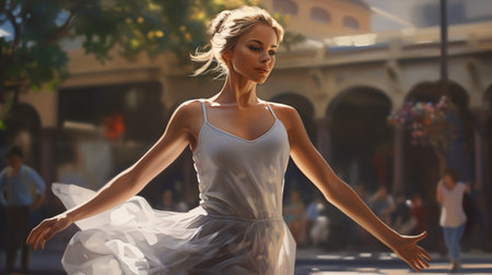 Beautiful young ballerina in white dress dancing in the cityの素材