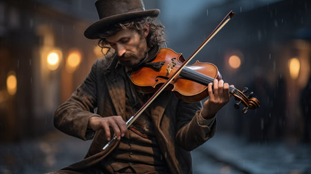 Violinist playing on the street in the rain with a hatの素材