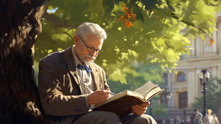Senior man reading a book in the park on a sunny day.の素材