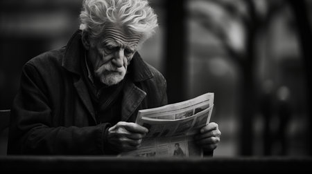 Elderly man reading newspaper in the city. Black and white photo.の素材