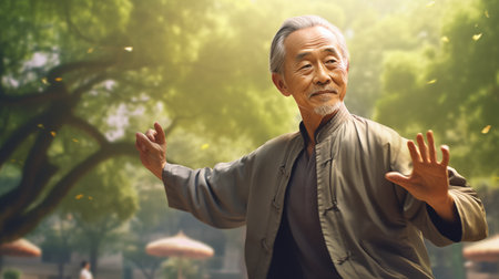 Portrait of senior Asian man dancing in the park with nature backgroundの素材