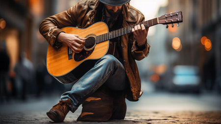 Young man playing the guitar in the city. Street music concept.の素材