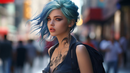 Beautiful young woman with blue hair on the street in the eveningの素材