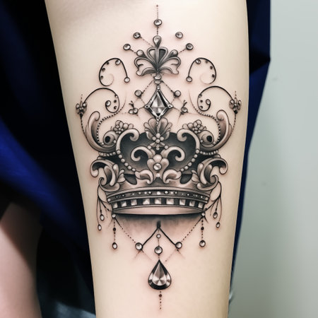 Tattoo art, close up of a woman's hand with a crownの素材