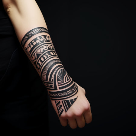 Tattooed female hand with mehendi on black backgroundの素材