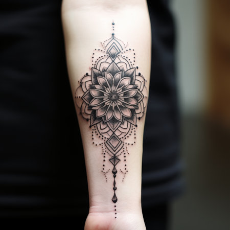 Beautiful henna tattoo on female hand, close-up viewの素材