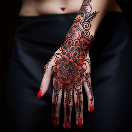 Beautiful female hands with henna tattoo on dark background, closeupの素材