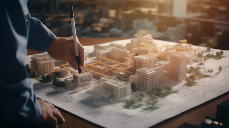 Architect working on blueprint at office with building model, Construction conceptの素材