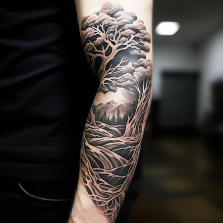 Tattooed hand of a tattoo artist with a tree in the backgroundの素材