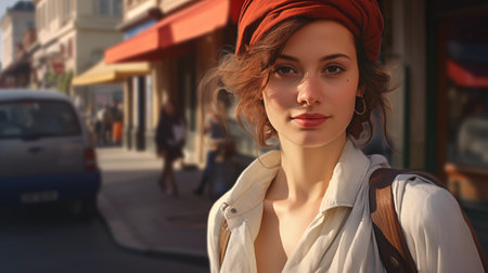 Portrait of a beautiful young woman in a turban on the streetの素材
