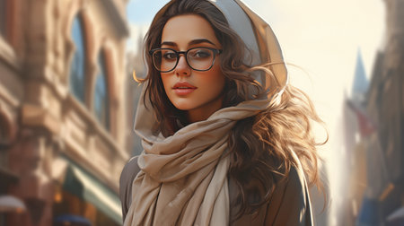 Beautiful young woman in stylish glasses and scarf walking on the streetの素材