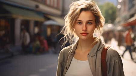 Portrait of a beautiful young woman with blond hair on the streetの素材