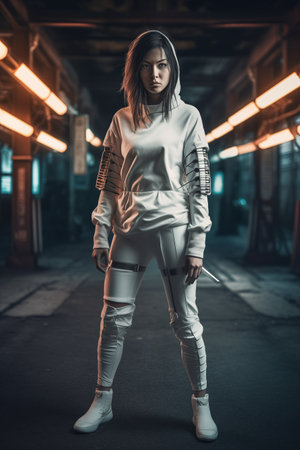 Beautiful asian woman in white sportswear posing in abandoned buildingの素材