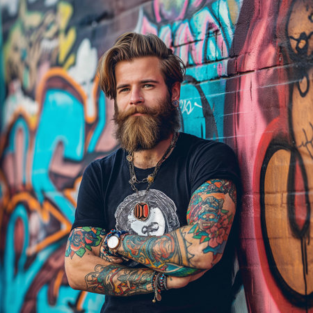 Portrait of a tattooed hipster with tattoos in front of graffiti wallの素材