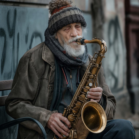 Portrait of an old man with a saxophone on the streetの素材