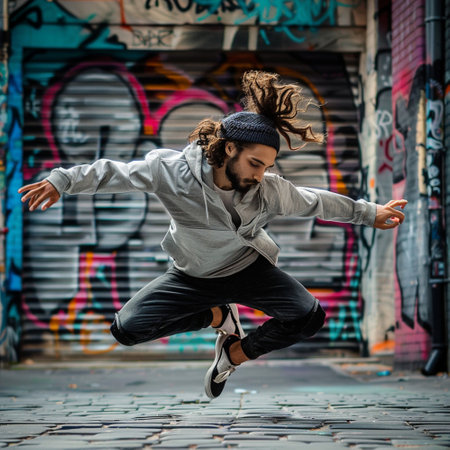 Hip hop dancer jumping in front of graffiti wall in urban environmentの素材