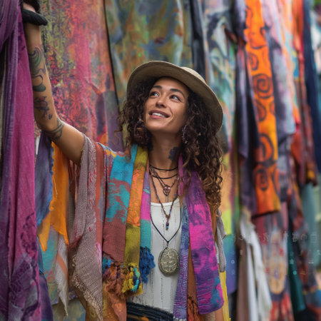 Portrait of a beautiful latin woman with curly hair wearing a hat and colorful shawlの素材
