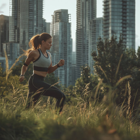 young fitness woman running in city park at early morning with skyscrapers in backgroundの素材