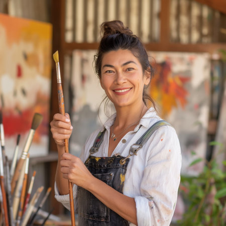 Portrait of a young female artist holding a paintbrush and smilingの素材