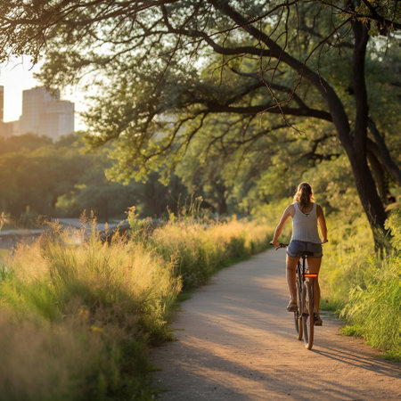 Woman riding a bike in the park at sunset, back view.の素材