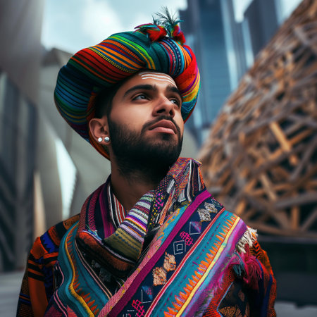 Portrait of a handsome Indian man wearing a colorful turban in the city.の素材