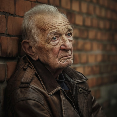 Portrait of an elderly man in a leather jacket against a brick wallの素材