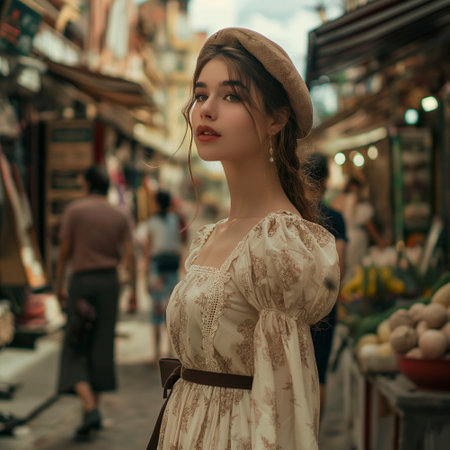 Portrait of a beautiful girl in a hat and dress on the streetの素材
