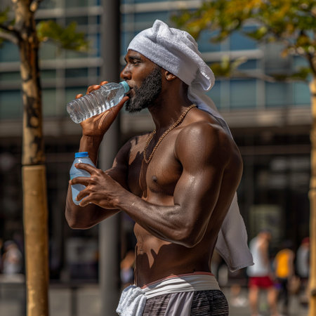 Side view of a shirtless African American man drinking water from a bottle in the streetの素材