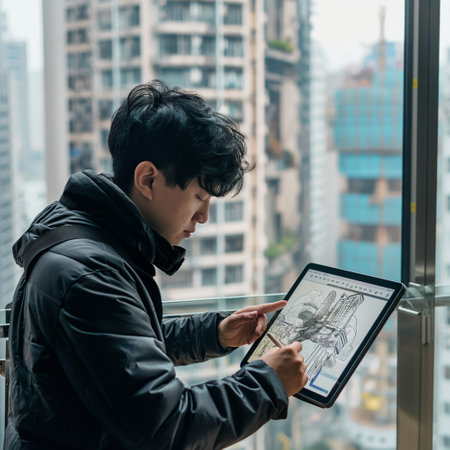 Young Asian man using tablet and looking at the city view from the windowの素材