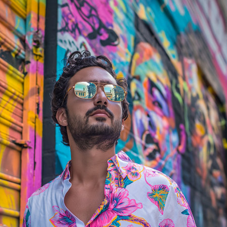 Portrait of a handsome Indian man with long brown hair wearing a colorful shirt and sunglasses in an urban contextの素材