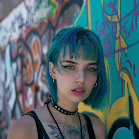 Portrait of a beautiful young girl with blue hair on graffiti backgroundの素材