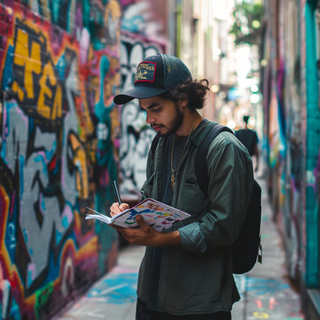 Hipster man reading a book in a city street. Young man with a backpack and hat.の素材