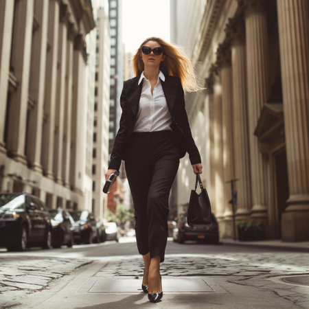 Beautiful young businesswoman walking in the city, wearing a suit and sunglassesの素材