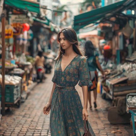 Beautiful asian woman walking on street market in Bangkok, Thailandの素材