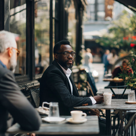 Portrait of a bearded African-American businessman sitting in a coffee shopの素材