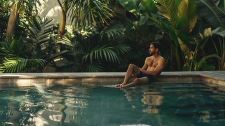 Young handsome man sitting in swimming pool at tropical resort and looking awayの素材