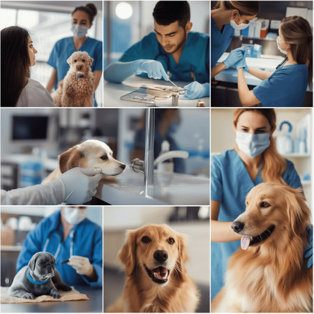 collage of veterinarian examining golden retriever in vet clinic, collageの素材