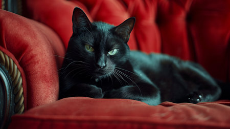 Black cat with green eyes lying on a red sofa. Selective focus.の素材