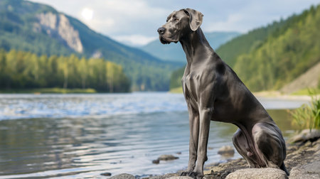 Weimaraner dog sitting on the shore of a mountain lakeの素材