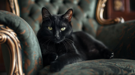Black cat lying on a chair in a room with an antique interiorの素材