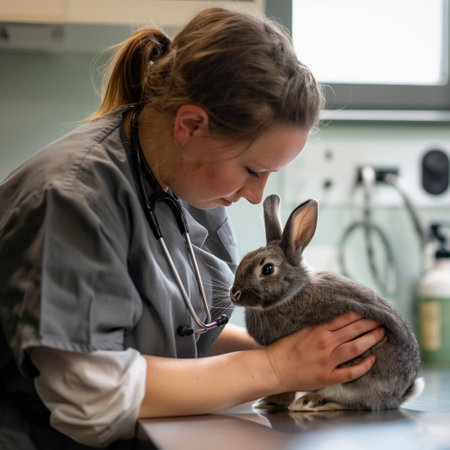 Veterinarian examining a rabbit in a veterinary clinic. Animal health concept.の素材