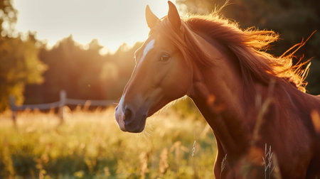 Beautiful bay horse in the meadow at sunset. Animal portraitの素材