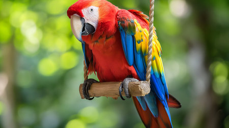 beautiful Scarlet macaw bird on tree branch in nature, close upの素材