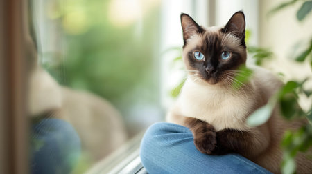 Siamese cat with blue eyes sitting on the windowsill.の素材