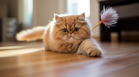 Persian cat playing with a toy on the floor at home.の素材